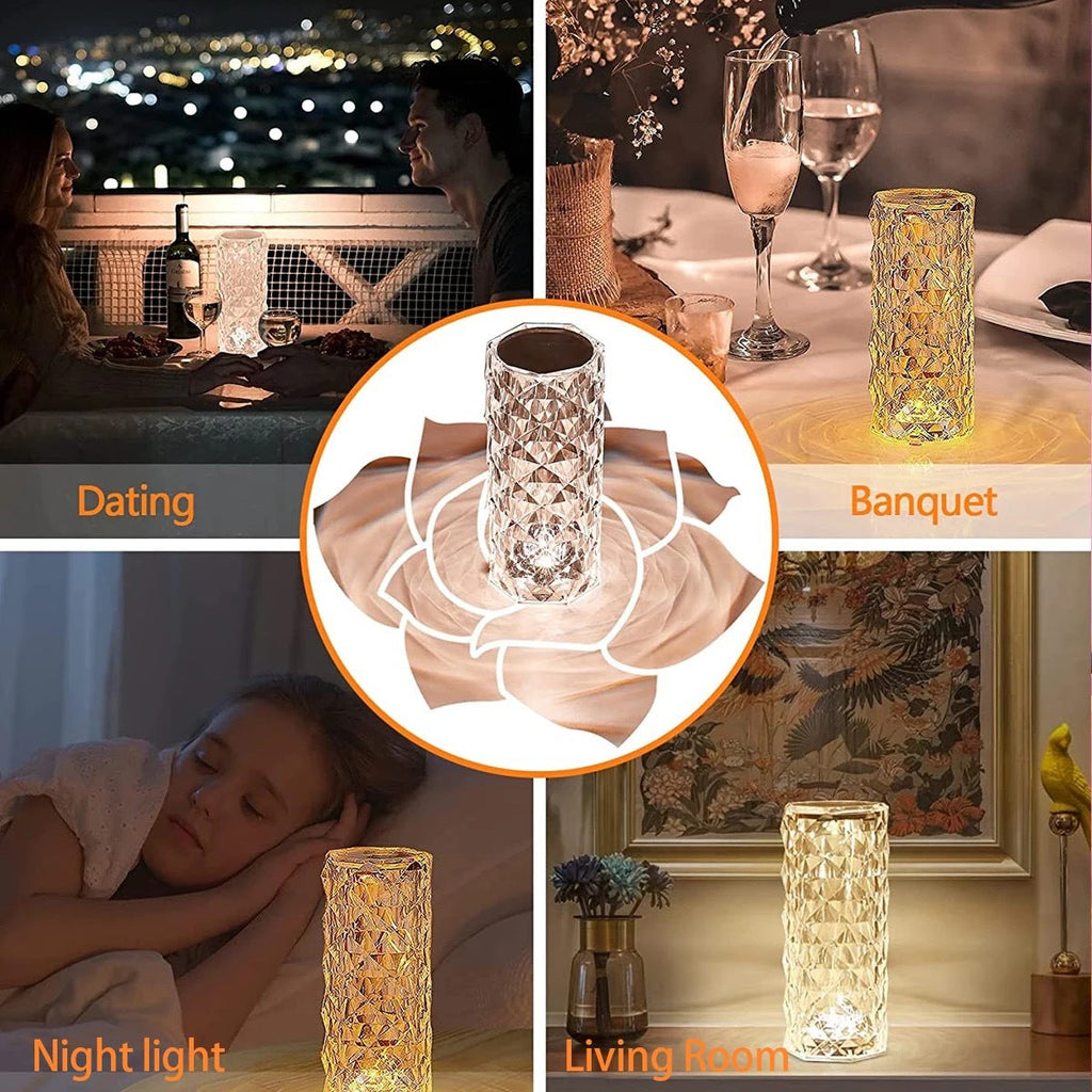USB Rechargeable Crystal Rose Diamond Touch Lamp LED With RGB 16 Colors and Remote