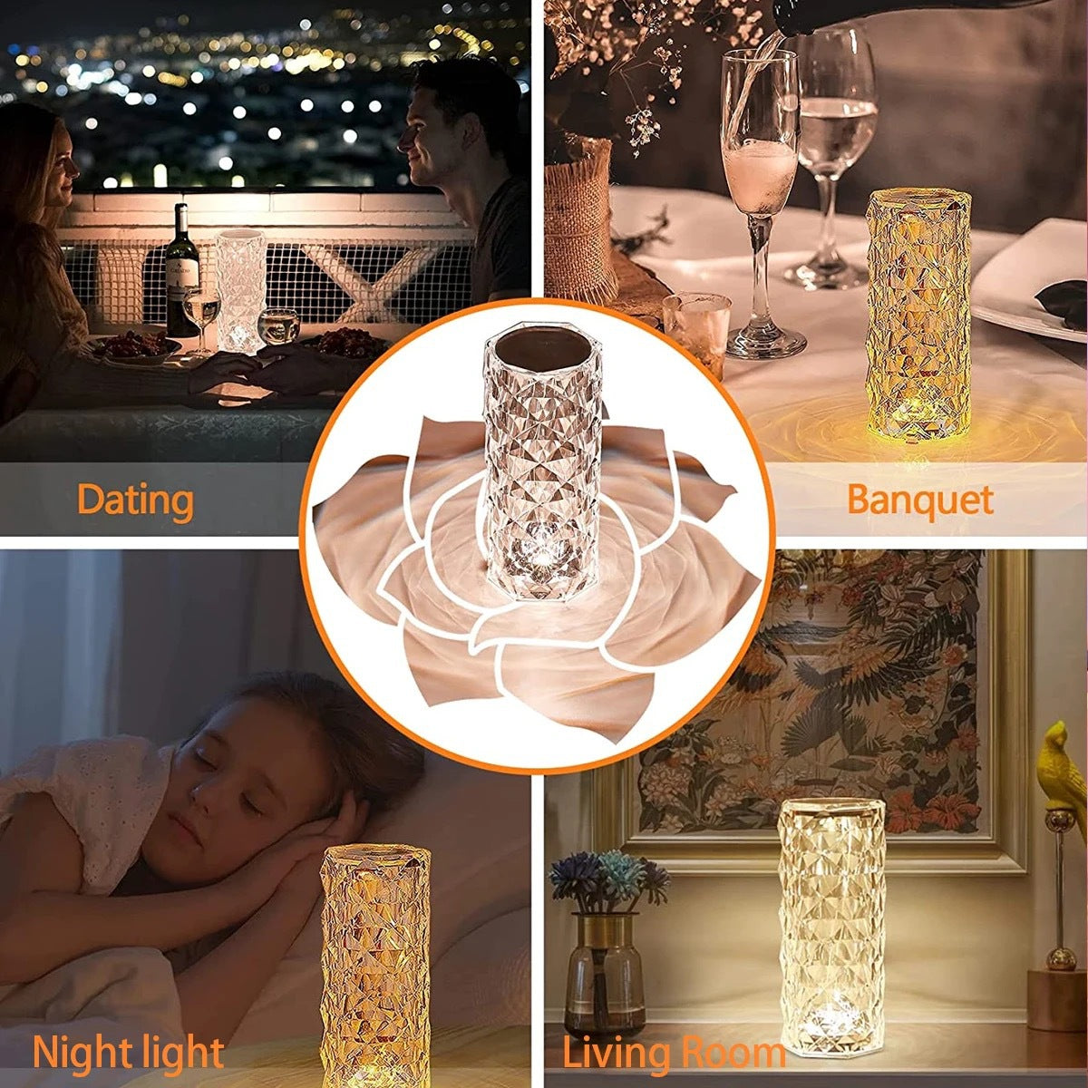 USB Rechargeable Crystal Rose Diamond Touch Lamp LED With RGB 16 Colors and Remote