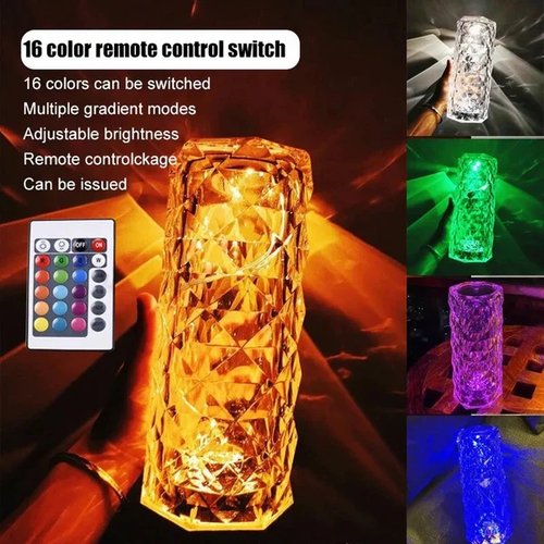 USB Rechargeable Crystal Rose Diamond Touch Lamp LED With RGB 16 Colors and Remote
