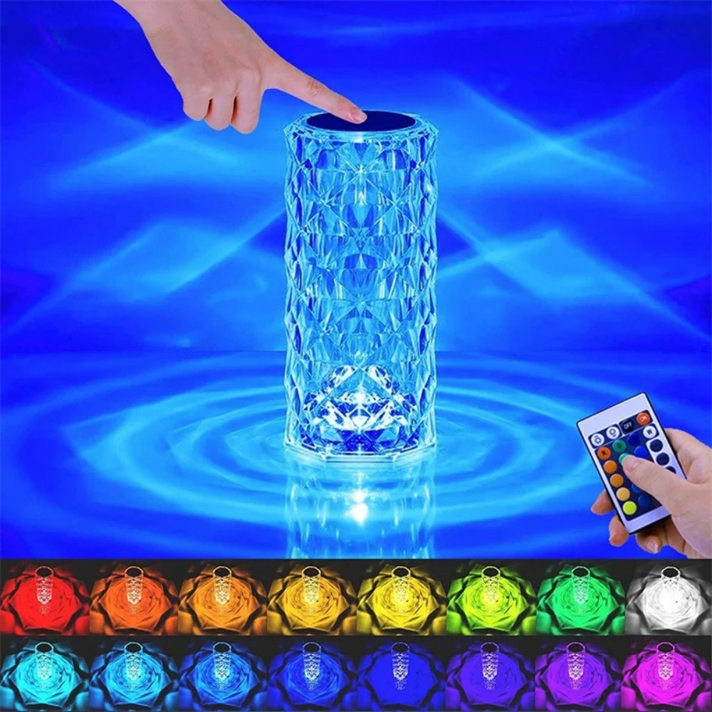 USB Rechargeable Crystal Rose Diamond Touch Lamp LED With RGB 16 Colors and Remote
