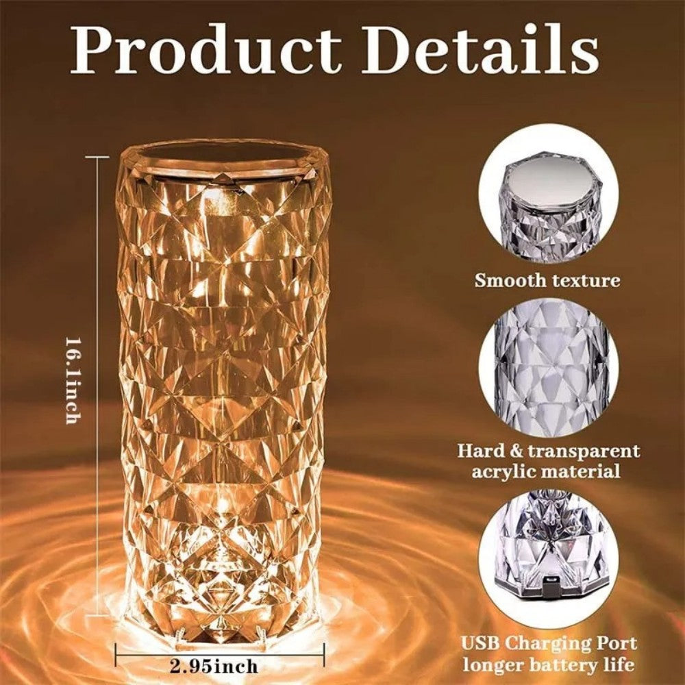 USB Rechargeable Crystal Rose Diamond Touch Lamp LED With RGB 16 Colors and Remote