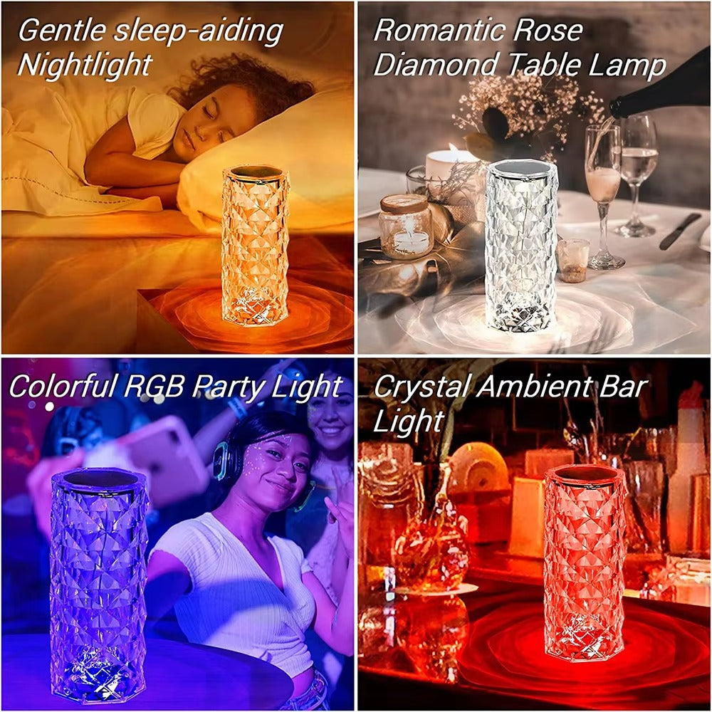 USB Rechargeable Crystal Rose Diamond Touch Lamp LED With RGB 16 Colors and Remote